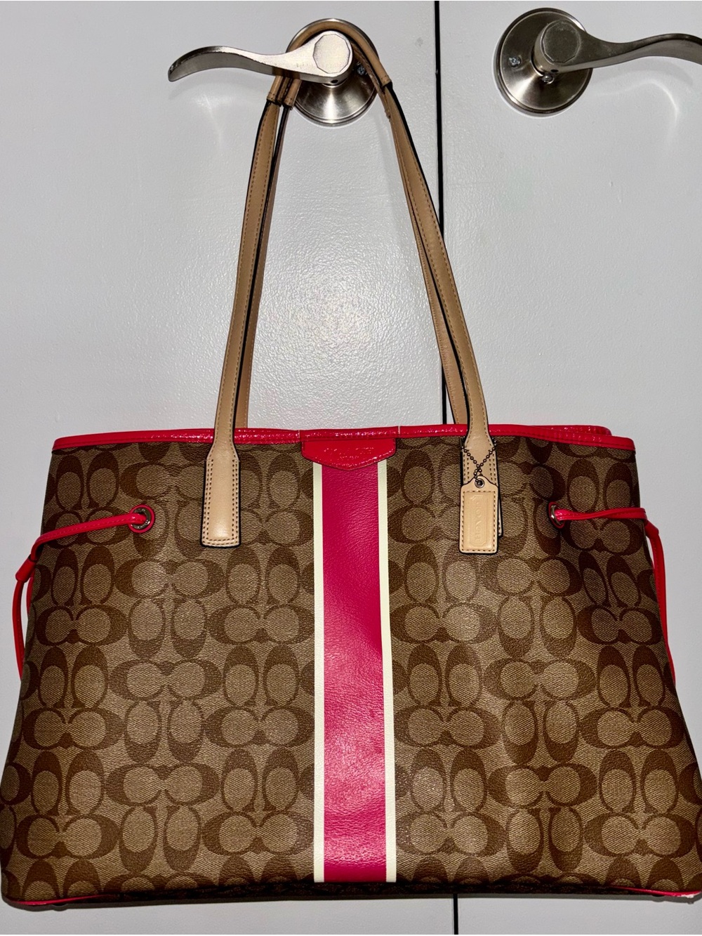 Coach Brown Signature Tote with Pink and Cream Center Stripe